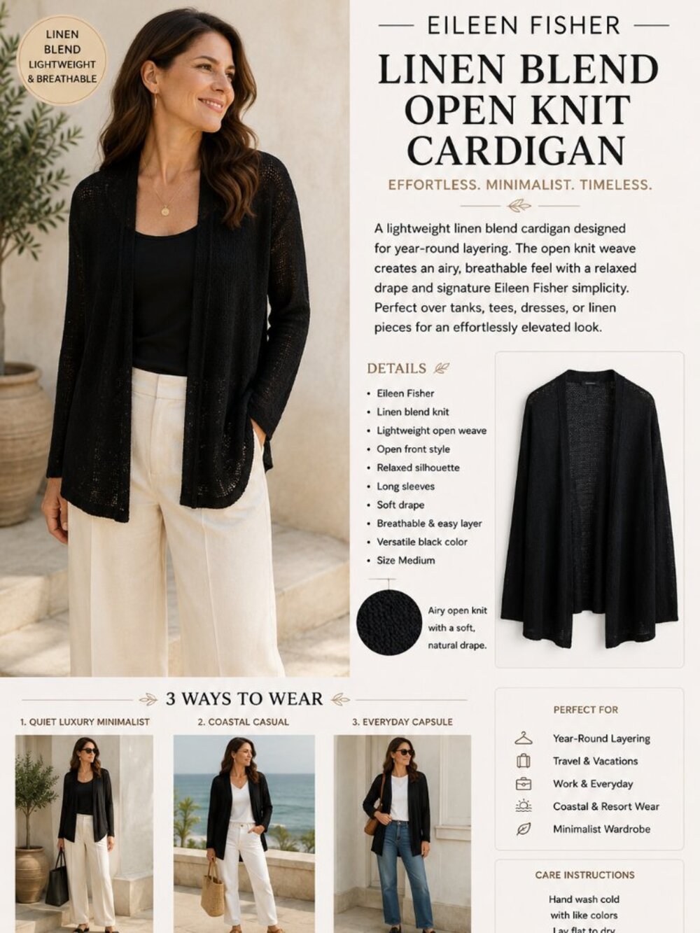 Eileen Fisher Linen Blend Cardigan Black Lightweight Open Knit Sweater M Classic